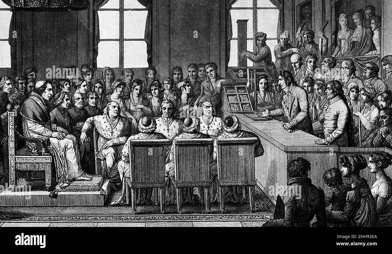 L'Institut national pour les jeunes aveugles lors de la visite du Pape Pie VII, Paris. Aquatint avec gravure par Marle, 1805. Valentin Hauy (1745-1822) a créé cette école, la première pour les aveugles, en 1785 à Paris. Louis Braille y a assisté en 1819. D'autres écoles pour aveugles ont suivi son modèle. Banque D'Images