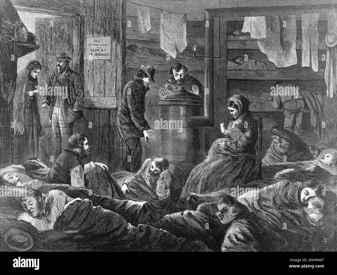 Hébergement souterrain pour les sans-abri, Greenwich Street, New York. Illustration de P. Frendeny, Harper's, 20 février 1869. Banque D'Images