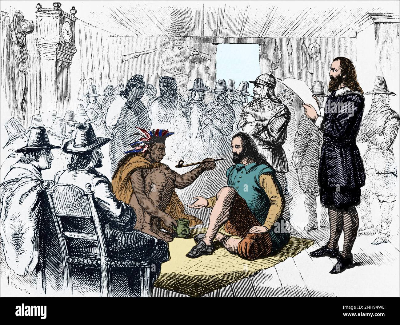 Le dirigeant de Wampanoag, Massasoit (c.1581-1661), fume un tuyau de paix avec le gouverneur de Plymouth, John Carver, après avoir signé un traité en 1621. Gravure d'avant 1898. Colorisé. Banque D'Images