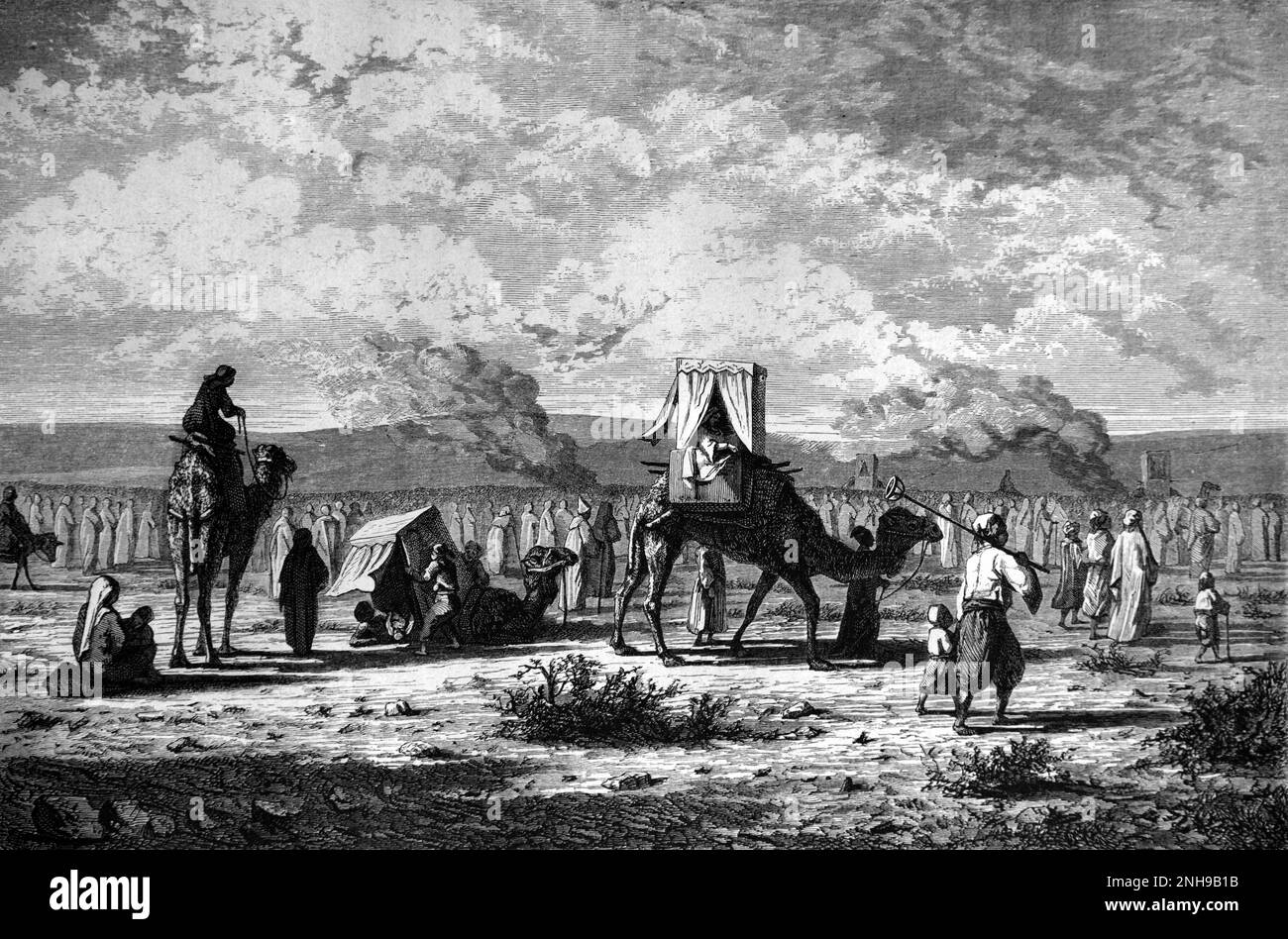 Caravane de pèlerins grecs, Grecs ottomans, en pèlerinage à Jérusalem en Palestine ou en Terre Sainte au Moyen-Orient. Gravure ou illustrations vintage 1862 Banque D'Images