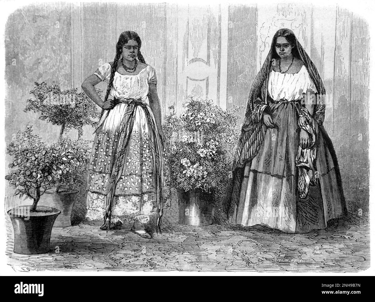 Femme mexicaine, Dame et soubrette, ou Bourgeois ou femme de classe moyenne et Maid Mexico. Gravure ancienne ou illustration 1862 Banque D'Images