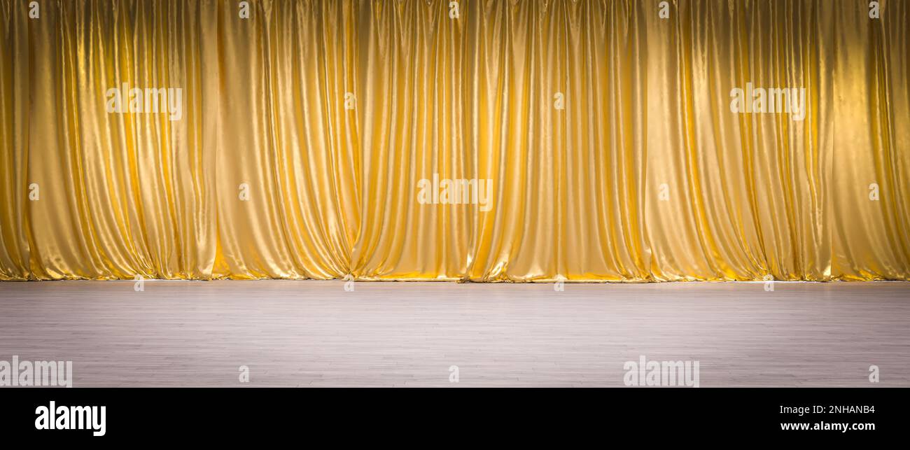 rideaux dorés sur parquet clair. 3d rendu Banque D'Images