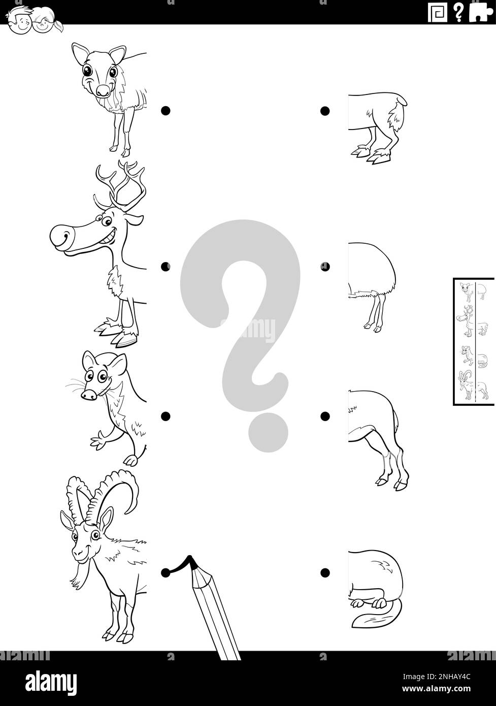 Dessin animé noir et blanc illustration du jeu éducatif de l'appariement des moitiés d'images avec les personnages sauvages drôle de page de coloration Illustration de Vecteur
