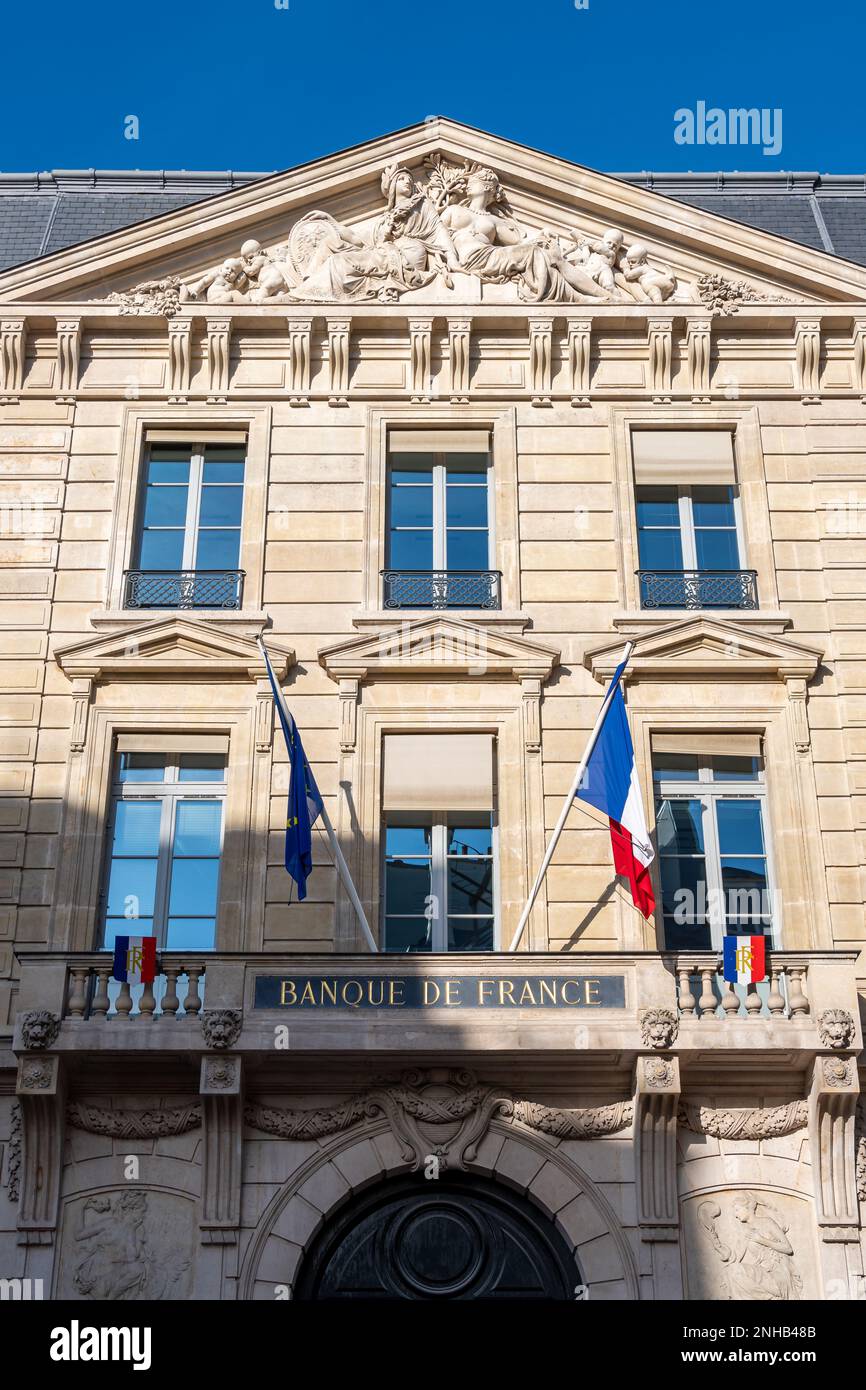 Vue extérieure du siège de la Banque de France, banque centrale de France faisant partie du système monétaire de l'euro Banque D'Images