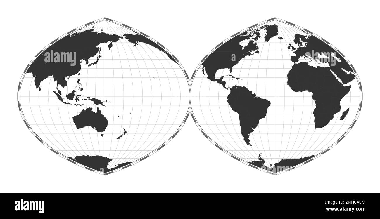 Carte du monde vectorielle. Projection authalique quartique interrompue en deux hémisphères. Carte géographique du monde simple avec les lignes de latitude et de longitude. Illustration de Vecteur