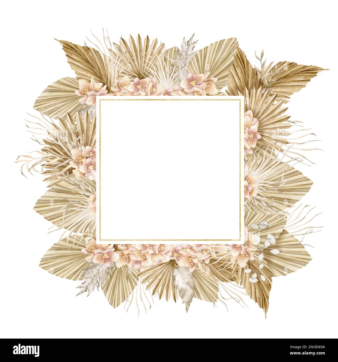 Cadre fleuri avec feuilles de palmier sèches et fleurs d'orchidées de style boho. Bordure tropicale carrée aquarelle. Modèle dessiné à la main pour les cartes de vœux bohème ou les invitations de mariage sur un arrière-plan isolé. Banque D'Images