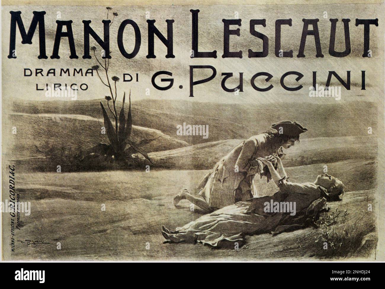 1895 , ITALIE : l'affiche publicitaire pour la pièce d'opéra MANON LESCAUT par le compositeur italien GIACOMO PUCCINI ( Edizioni Ricordi ), d'un roman d'Antoine François Prévost d'exilés . Œuvres de V. Bignami . Ouverture de la représentation à LA SCALA de Milan , Italie - MUSIQUE - CLASSIQUE - MUSICA CLASSICA - manifeste pubbliciario - Lirica - tragédie - tragedia - amanti - amanti - amants - abbraccio - étreinte - LINA CAVALIERI --- Archivio GBB Banque D'Images