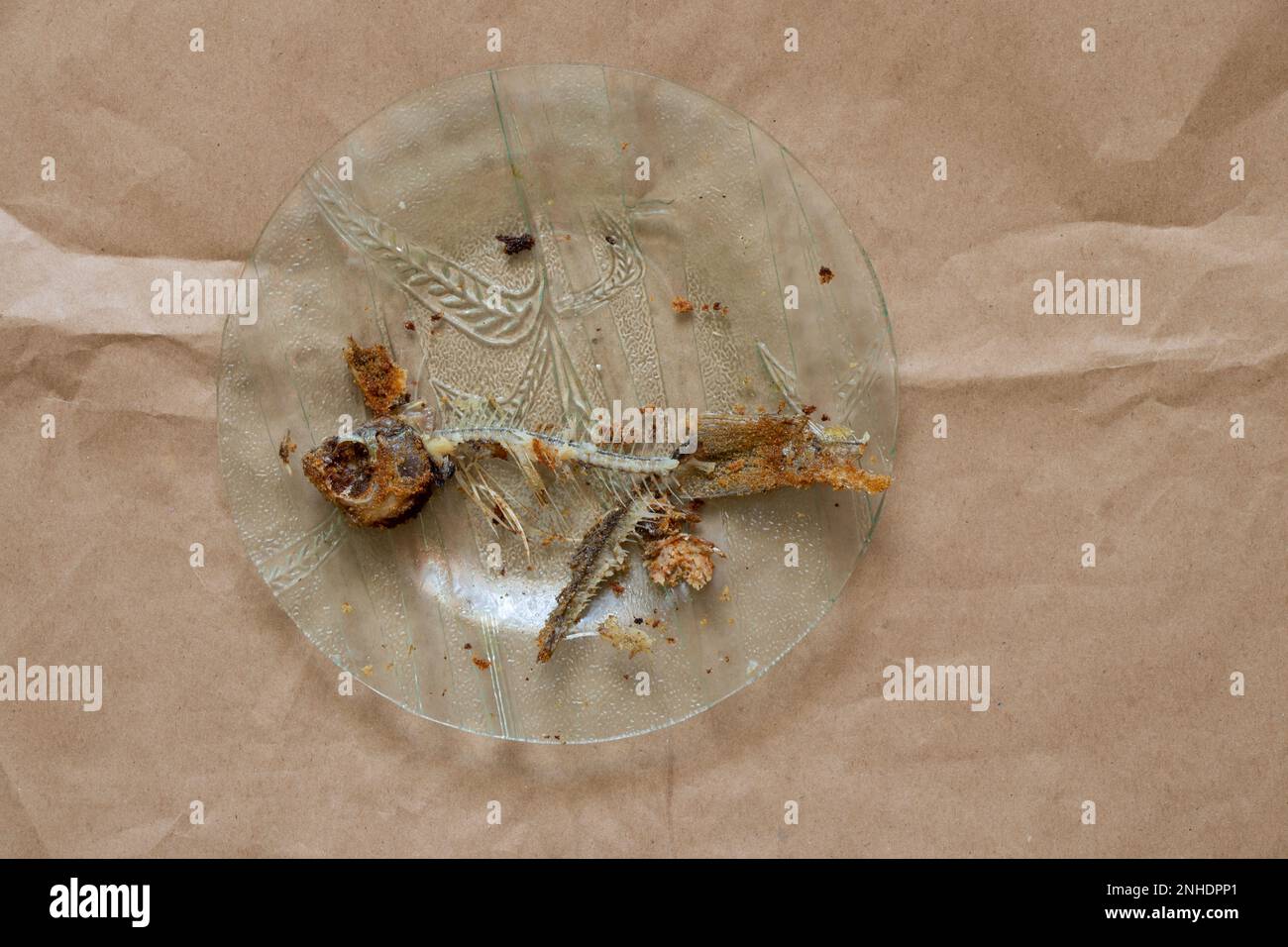 squelette de poisson frit dans une plaque de verre sur fond isolé Banque D'Images