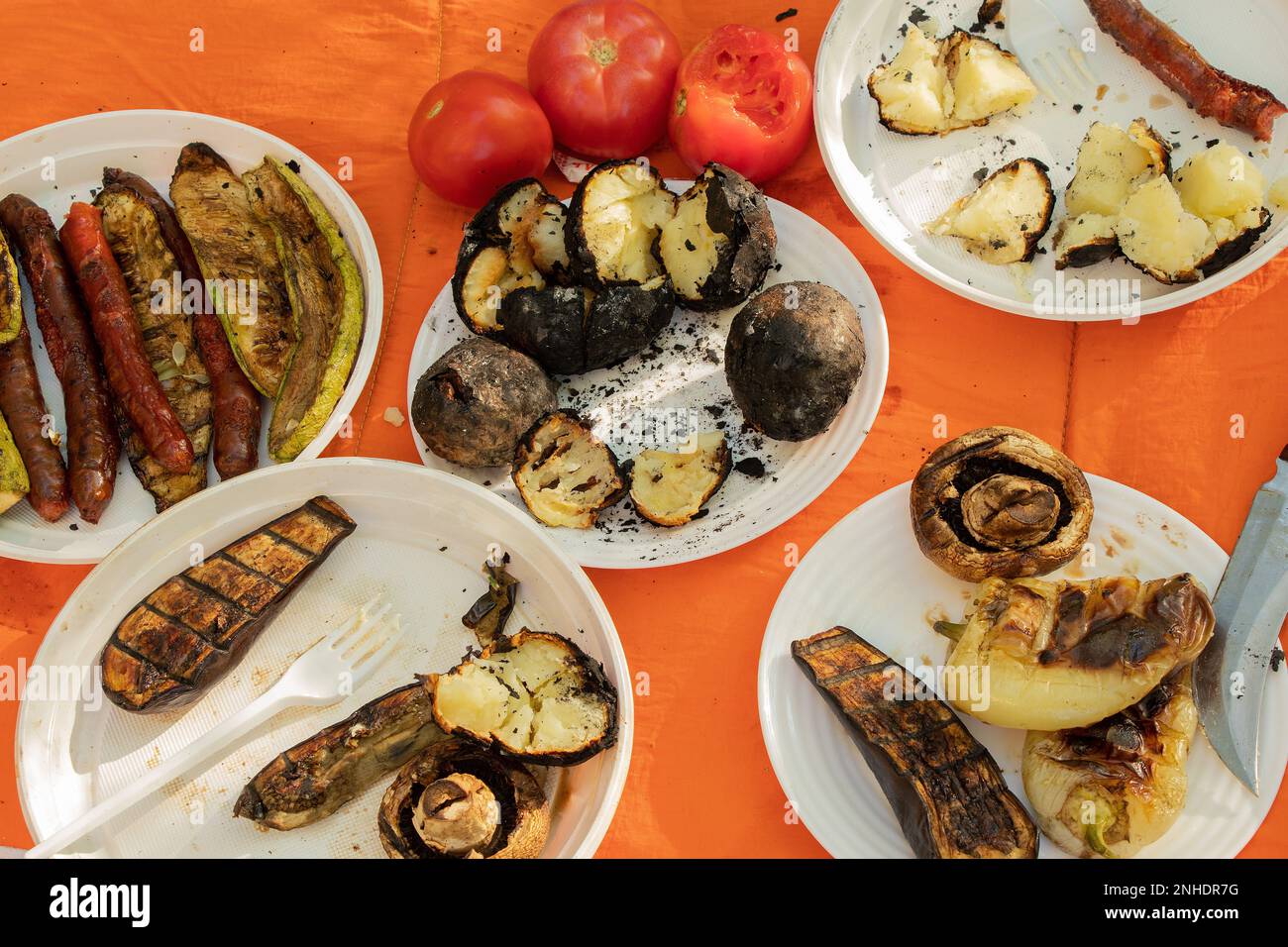 les champignons, aubergines et courgettes frits sur le gril sont sur des assiettes en été lors d'un pique-nique sur une touche de forêt, déjeuner dans la nature par une journée ensoleillée Banque D'Images