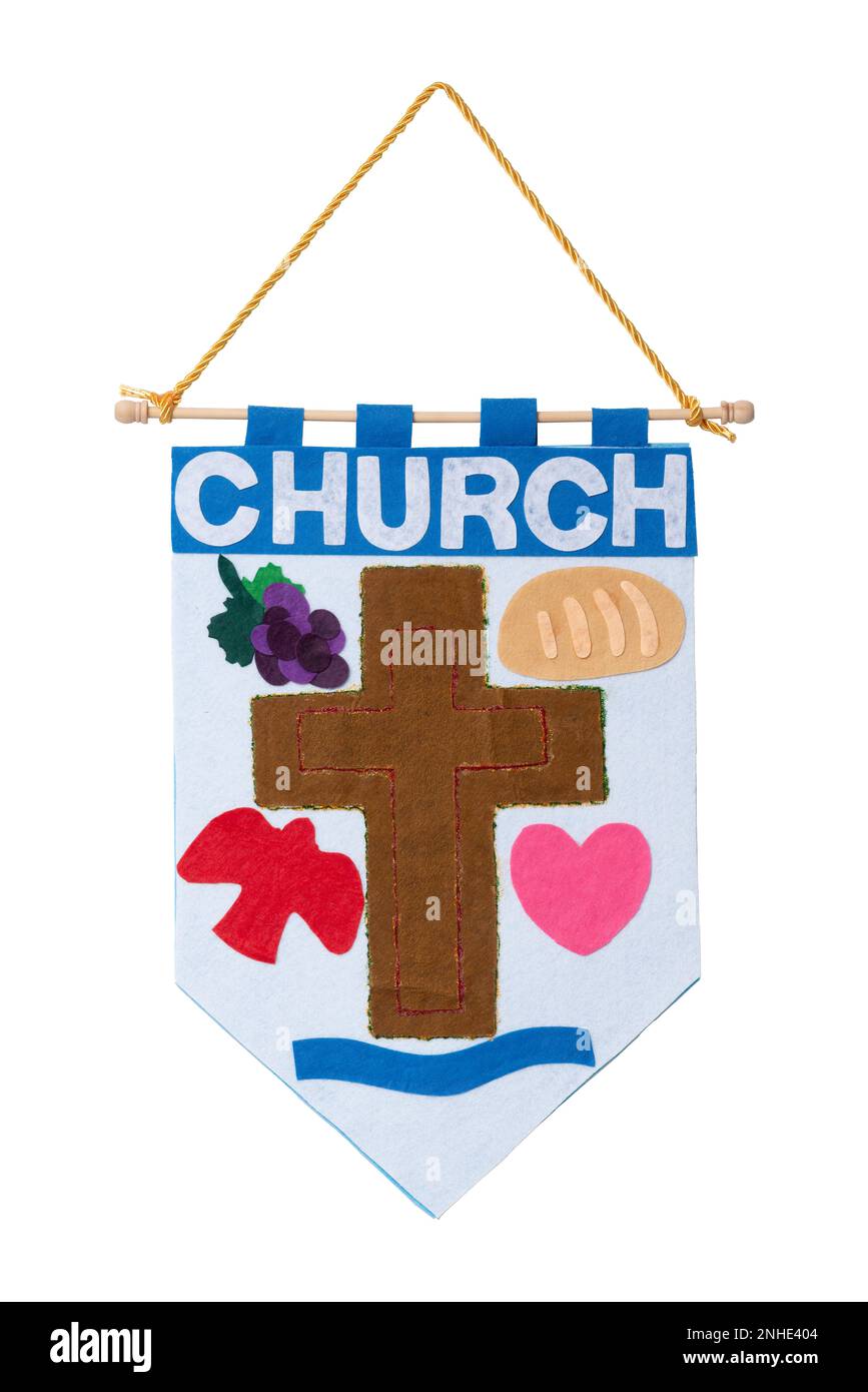 Photo verticale d'une bannière de flanelle maison de l'église des enfants sur fond blanc. Copier l'espace. Banque D'Images