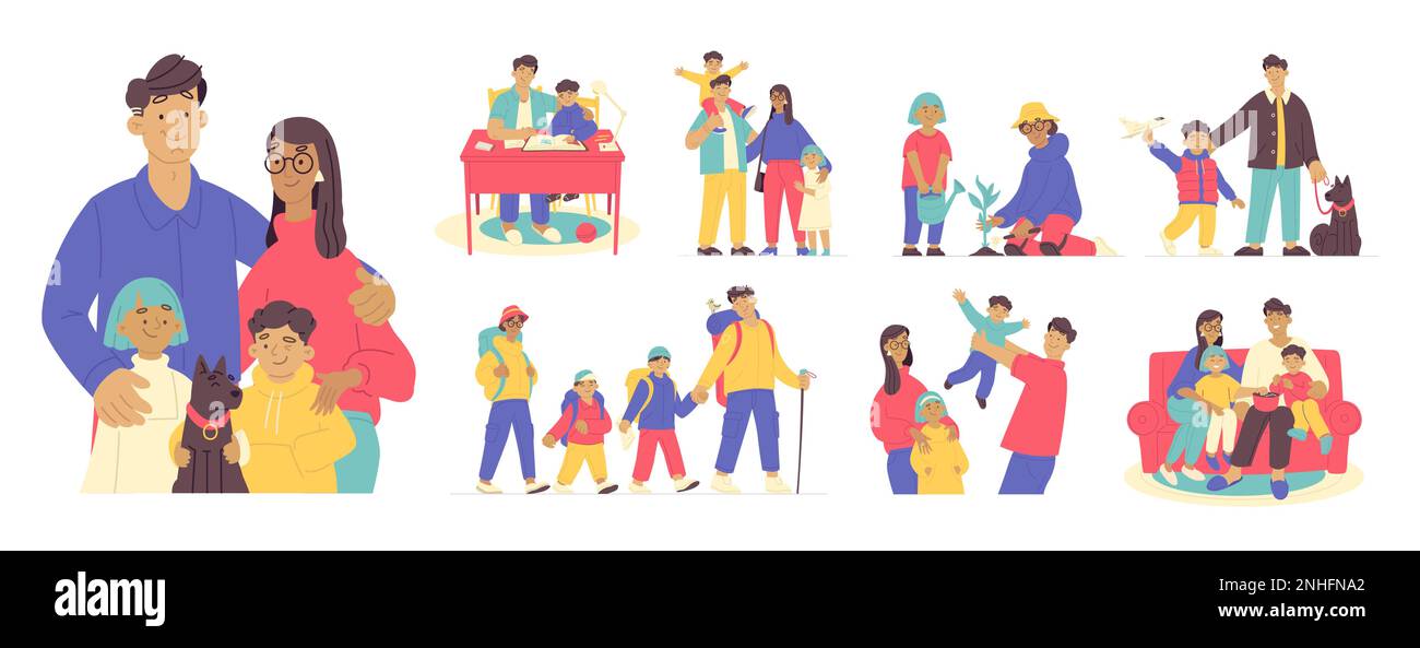 Appartement familial avec parents heureux et enfants faisant diverses activités de loisirs ensemble illustration vectorielle isolée Illustration de Vecteur