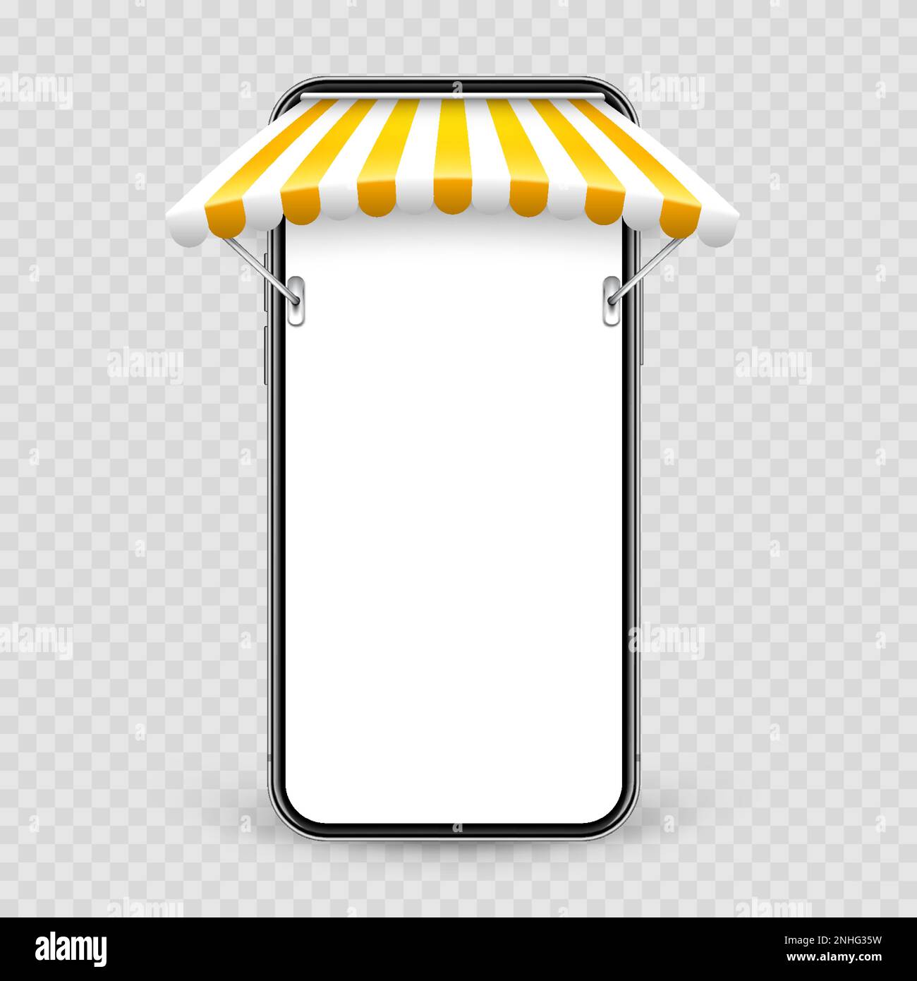 Smartphone avec store et support métallique, achats en ligne sur Internet. Bar-salon à rayures jaunes réalistes. Tente du marché extérieur. Toit-abri Illustration de Vecteur