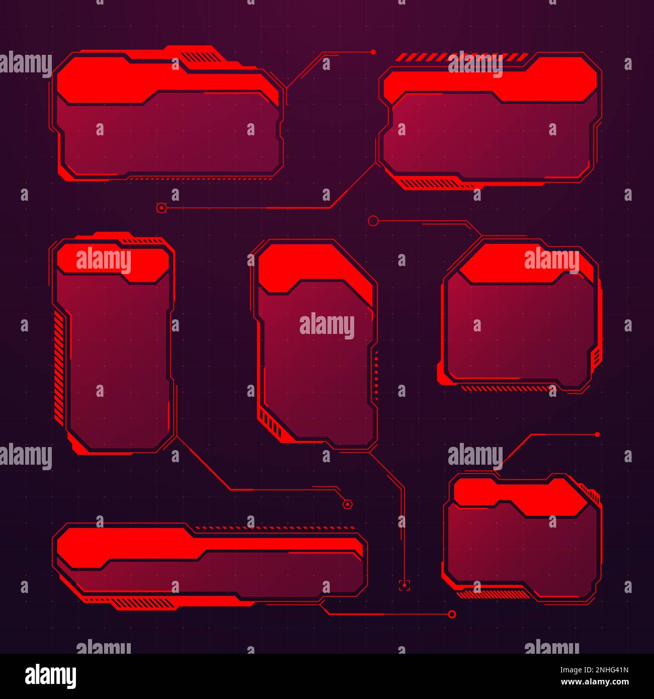 Éléments HUD ou UI futuristes rouges. Zones de texte et légendes de l'interface utilisateur SCI-fi. Cadres de message d'avertissement, modèle de zones d'information. Jeu moderne Illustration de Vecteur