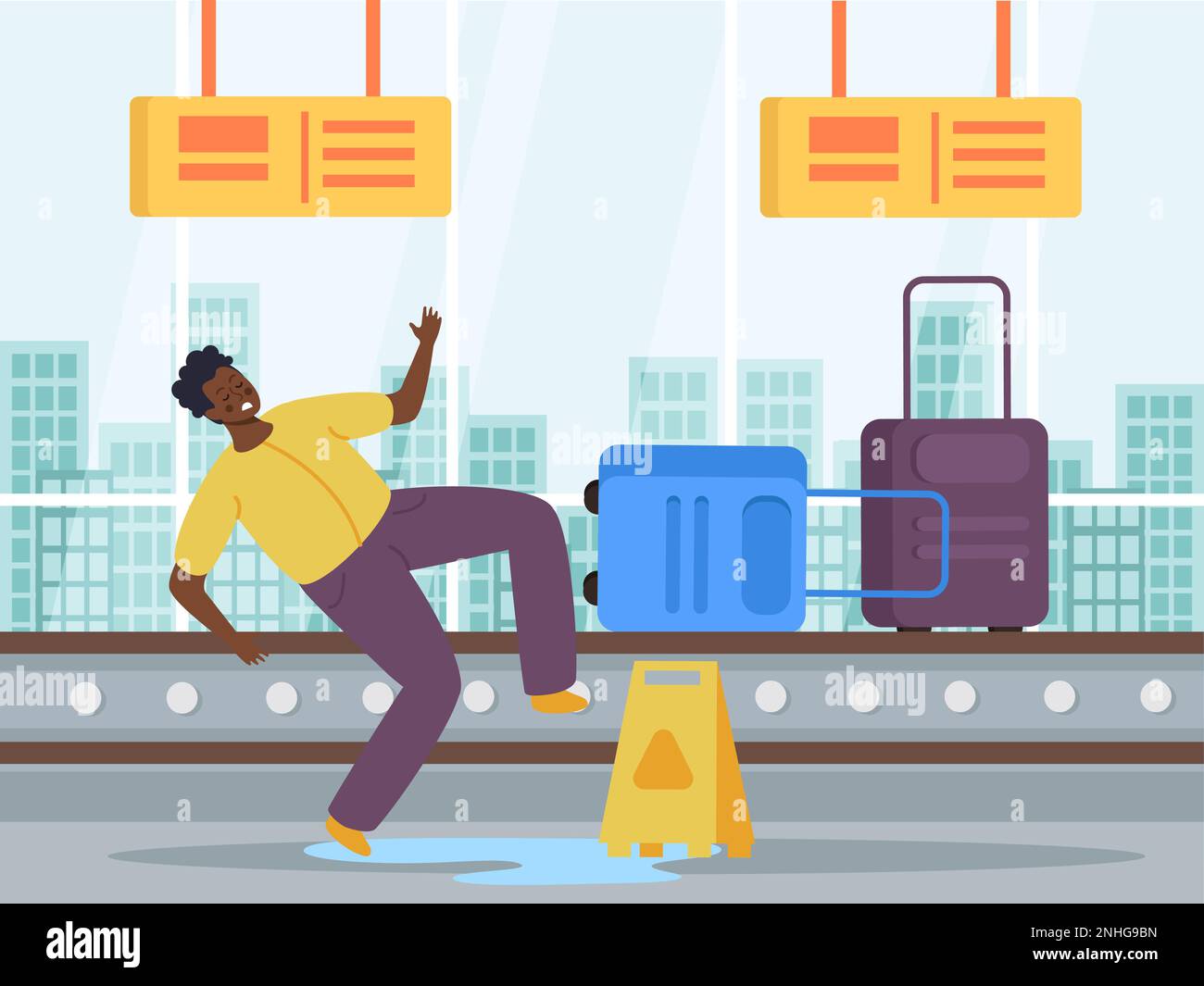 Homme glissant sur un sol mouillé et tombant dans l'aéroport avec la ceinture à bagages sur l'illustration vectorielle plate de fond Illustration de Vecteur