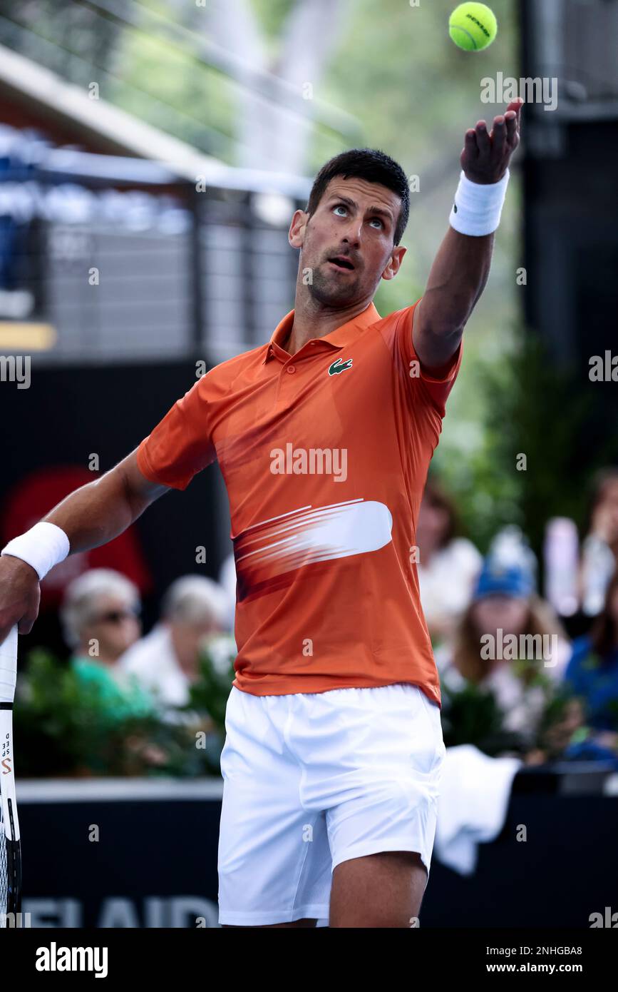 ADELAIDE, AUSTRALIA - JANUARY 03: Novak Djokovic of Serbia serves the ball during the Adelaide International tennis match between Novak Djokovic of Serbia and Constant Lestienne of France at Memorial Drive on January 03, 2023 in Adelaide, Australia. (Photo by Peter Mundy/Speed Media/Icon Sportswire) (Icon Sportswire via AP Images) Banque D'Images