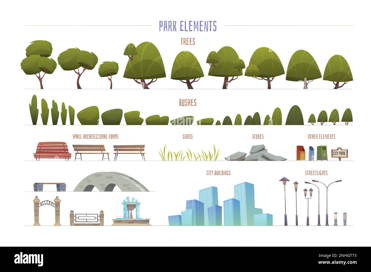 Parc de la ville éléments dessin animé ensemble d'été arbres buissons bancs lumières de rue pierres bâtiments herbe isolé illustration vectorielle Illustration de Vecteur