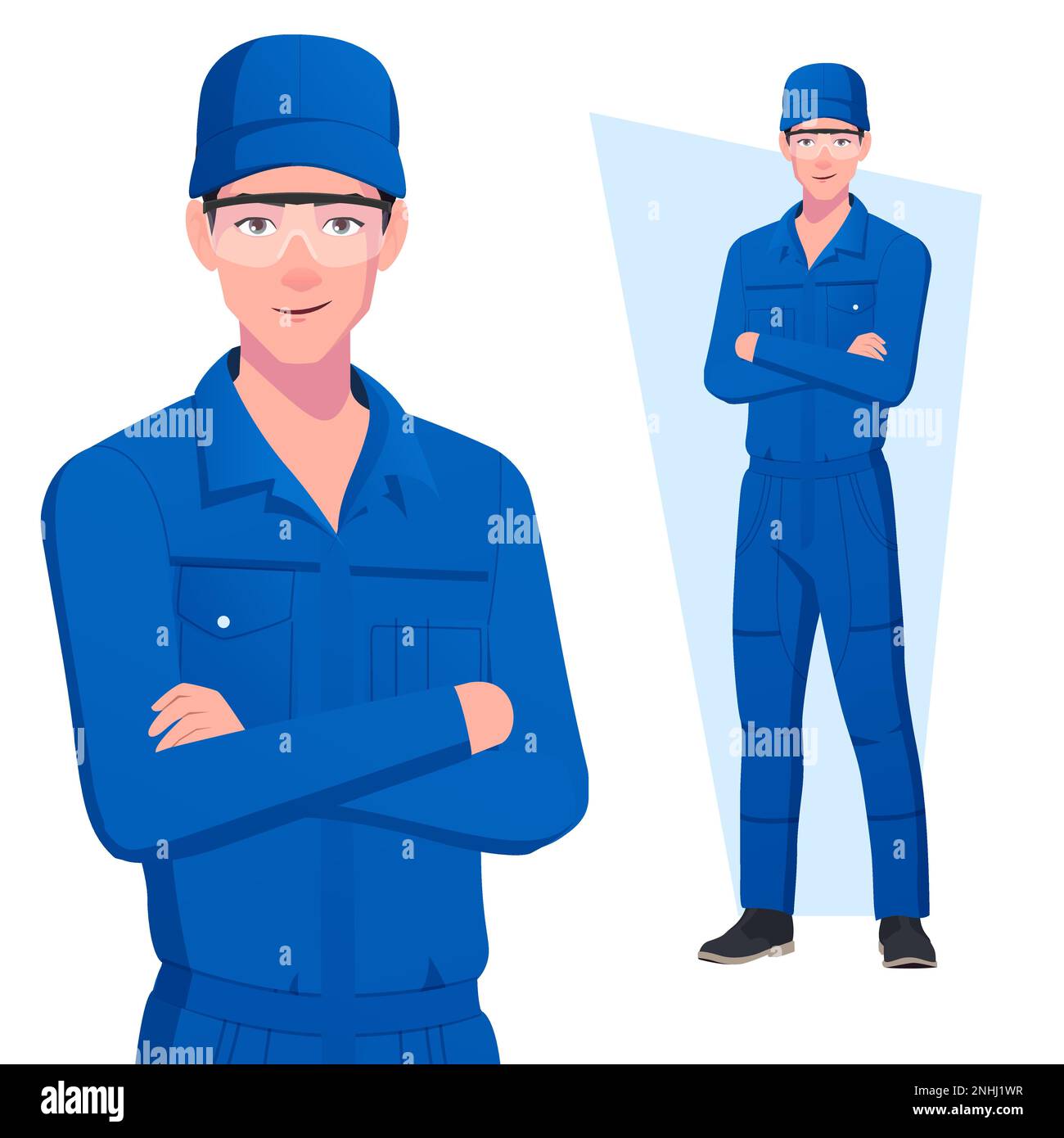 Bras de mécanicien pliés en position debout, personnage portant une combinaison bleue avec capuchon Illustration de Vecteur