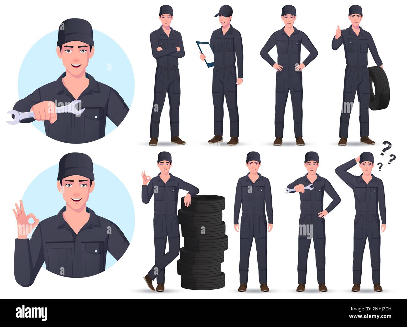 Jeu de caractères Auto Mechanic Engineer Cartoon avec différentes poses et gestes illustrations vectorielles Illustration de Vecteur