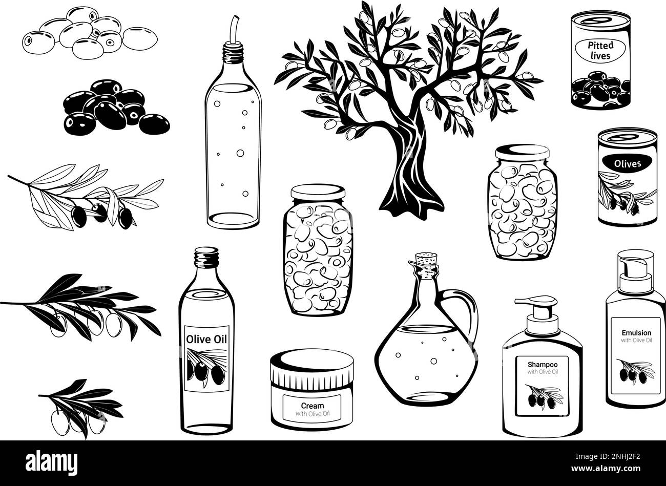 Ensemble de bouteilles d'olives à icône plate monochrome avec branches d'arbres à huile et illustration vectorielle de cosmétiques Illustration de Vecteur