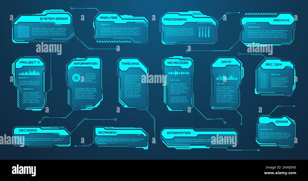 Éléments HUD ou UI futuristes bleus. Zones de texte et légendes de l'interface utilisateur SCI-fi. Cadres de message d'avertissement, modèle de zones d'information. Jeu moderne Illustration de Vecteur
