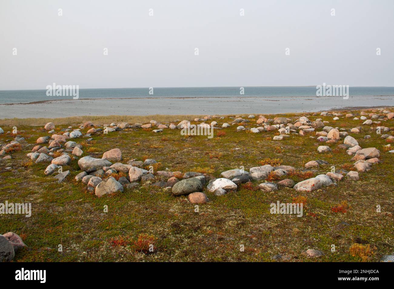 Des restes de tente inuit longent la côte de la baie d'Hudson, au nord d'Arviat, à un endroit appelé Qikiqtarjuq, Nunavut, Canada Banque D'Images