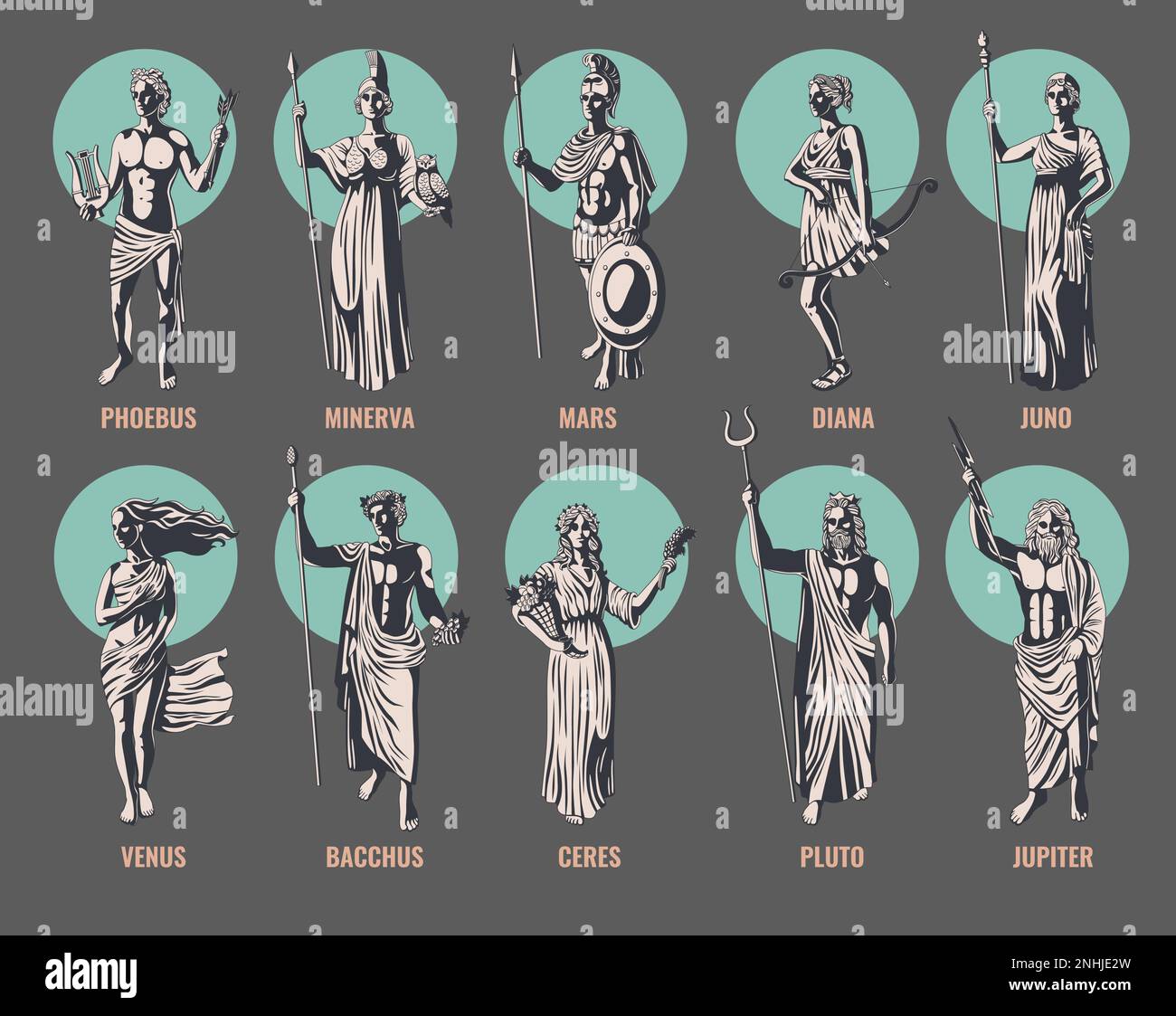Dieux et déesses olympiques grecs avec leurs noms isolés sur fond de couleur illustration vectorielle plate Illustration de Vecteur