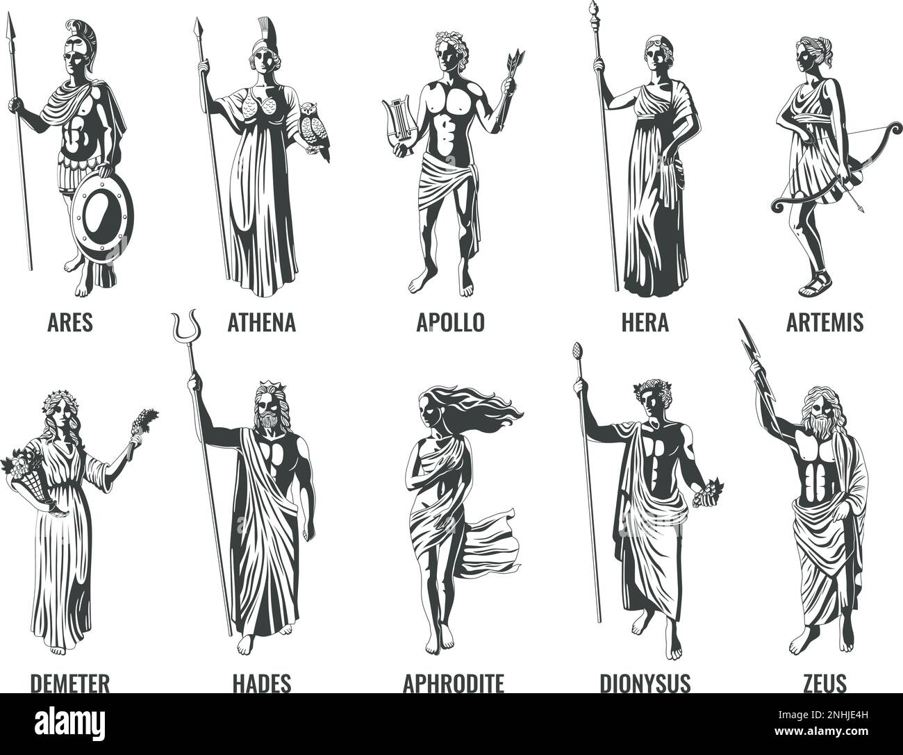 Anciens dieux grecs olympiens avec leurs noms plat noir et blanc ensemble isolé illustration de vecteur Illustration de Vecteur
