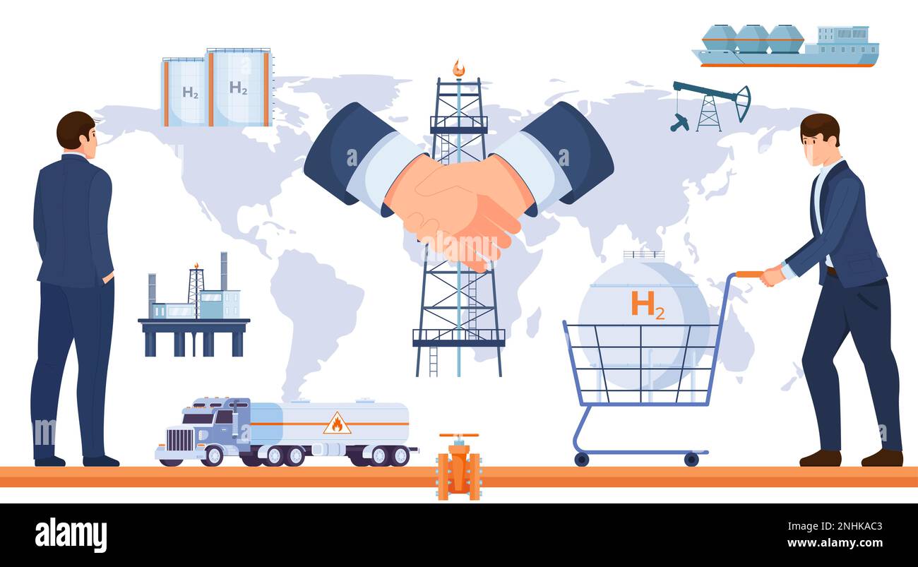 Illustration de vecteur plat d'économie de gaz avec plate-forme offshore pour tuyau de production de gaz pour le pompage et camion-citerne pour le transport Illustration de Vecteur
