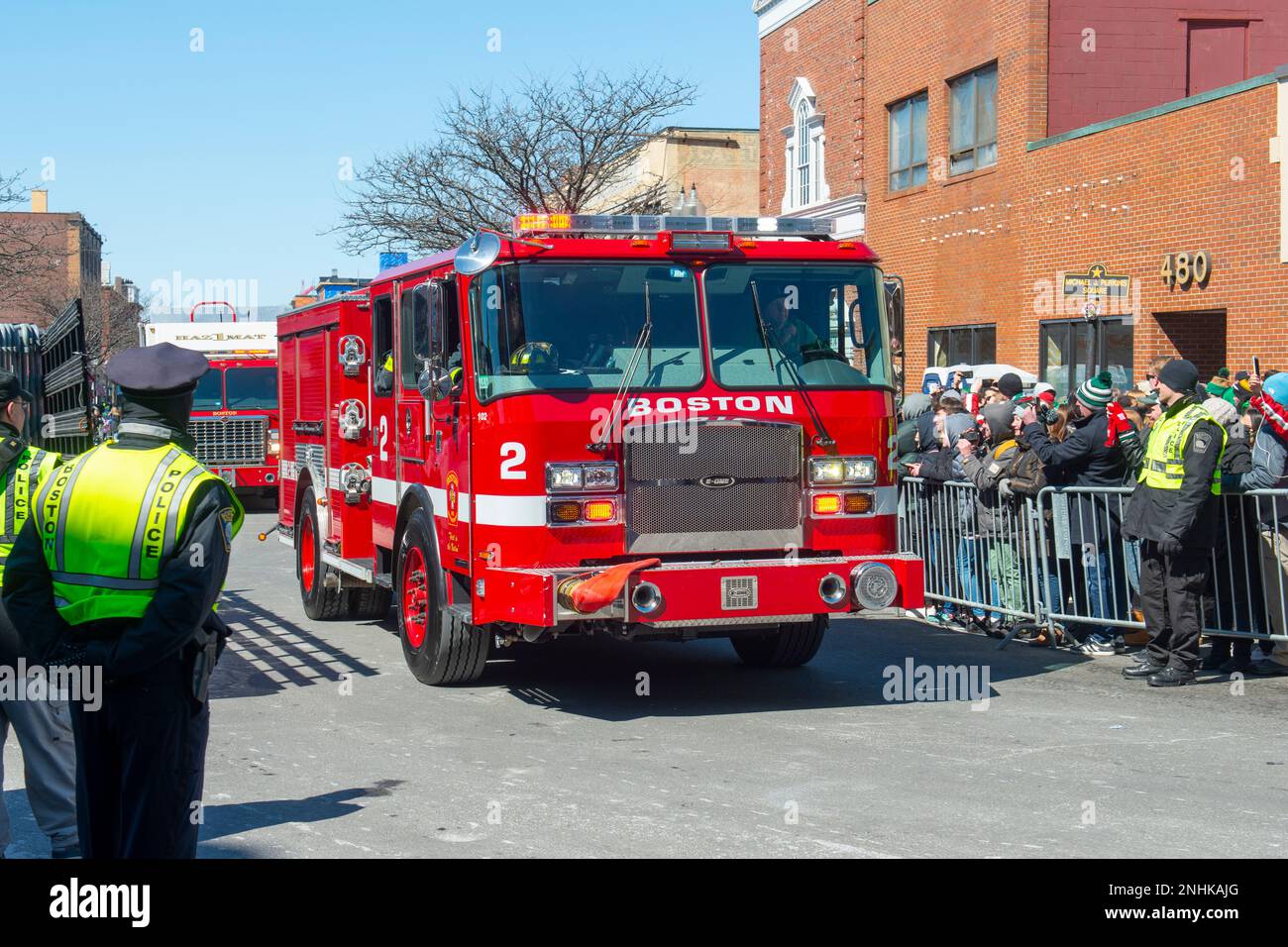 Camion de pompiers à Saint Patrick's Day Parade à Boston, Massachusetts, États-Unis. Banque D'Images