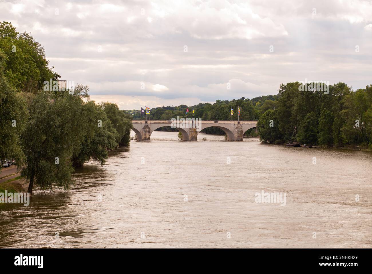 Plusieurs drapeaux colorés sont placés sur le Pont Wilson sur la Loire à Tours, France Banque D'Images