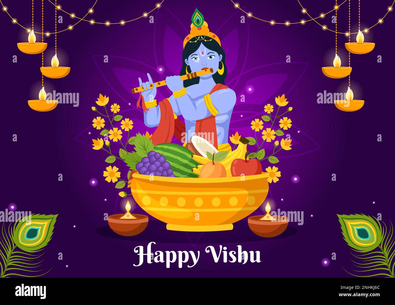 Happy Vishu Festival Illustration avec Kérala Kani traditionnel, fruits et légumes pour la page d'arrivée en dessin à la main de dessin à plat de dessin animé Illustration de Vecteur