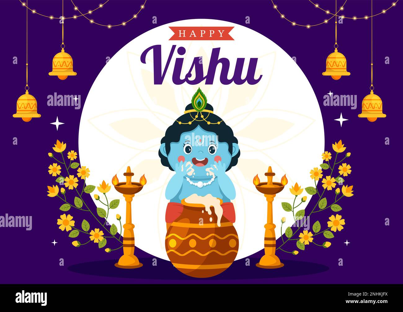 Happy Vishu Festival Illustration avec Kérala Kani traditionnel, fruits et légumes pour la page d'arrivée en dessin à la main de dessin à plat de dessin animé Illustration de Vecteur