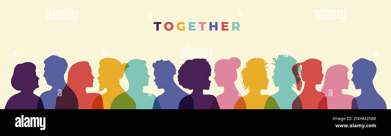 Ensemble, une illustration colorée avec différentes silhouettes auxquelles les gens sont confrontés dans un design couleur transparent. Dessin animé plat de l'équipe de personnages ethniques pour Unity ou Illustration de Vecteur