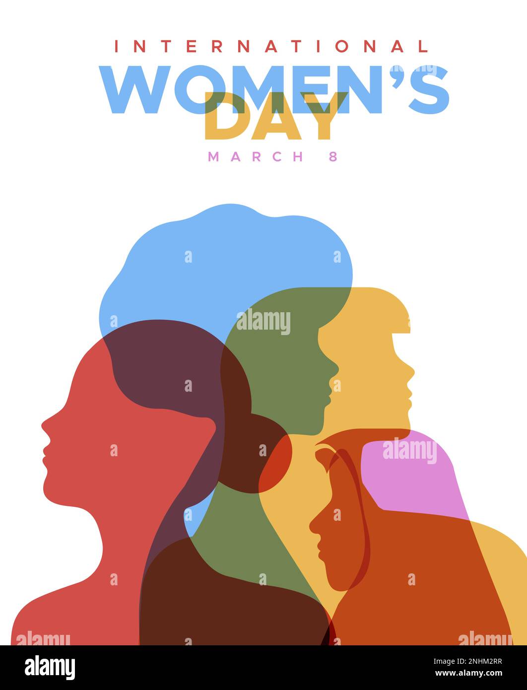 Carte de vœux pour femmes, silhouettes de profil de personnes diverses dans des couleurs transparentes sur fond isolé. Appartenance ethnique différente de la femme face à minimali Illustration de Vecteur