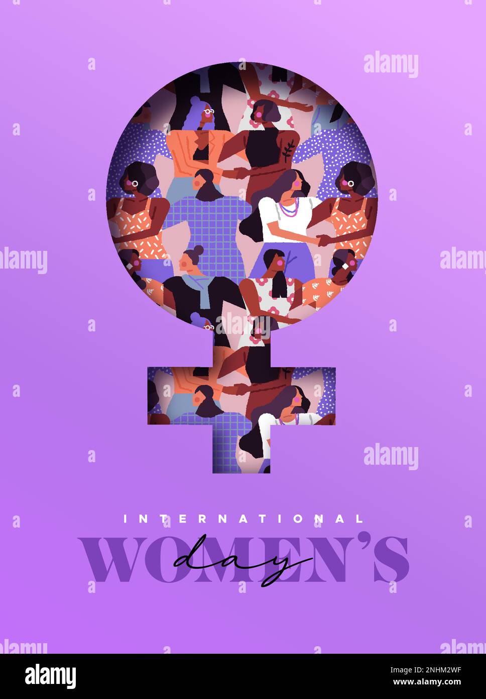 Illustration de la carte de vœux Happy Women's Day. 3D symbole de femme avec groupe de femmes de différentes cultures. Design artisanal en papier pour le féminisme, s Illustration de Vecteur