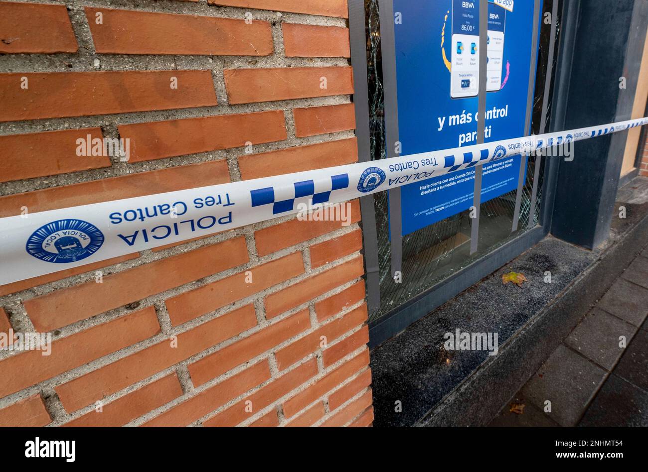 A National Police tape surrounds a BBVA ATM after it was blown up with  explosives, Dec. 9, 2022, in Tres Cantos, Madrid (Spain). A group of  thieves took yesterday, December 8, a
