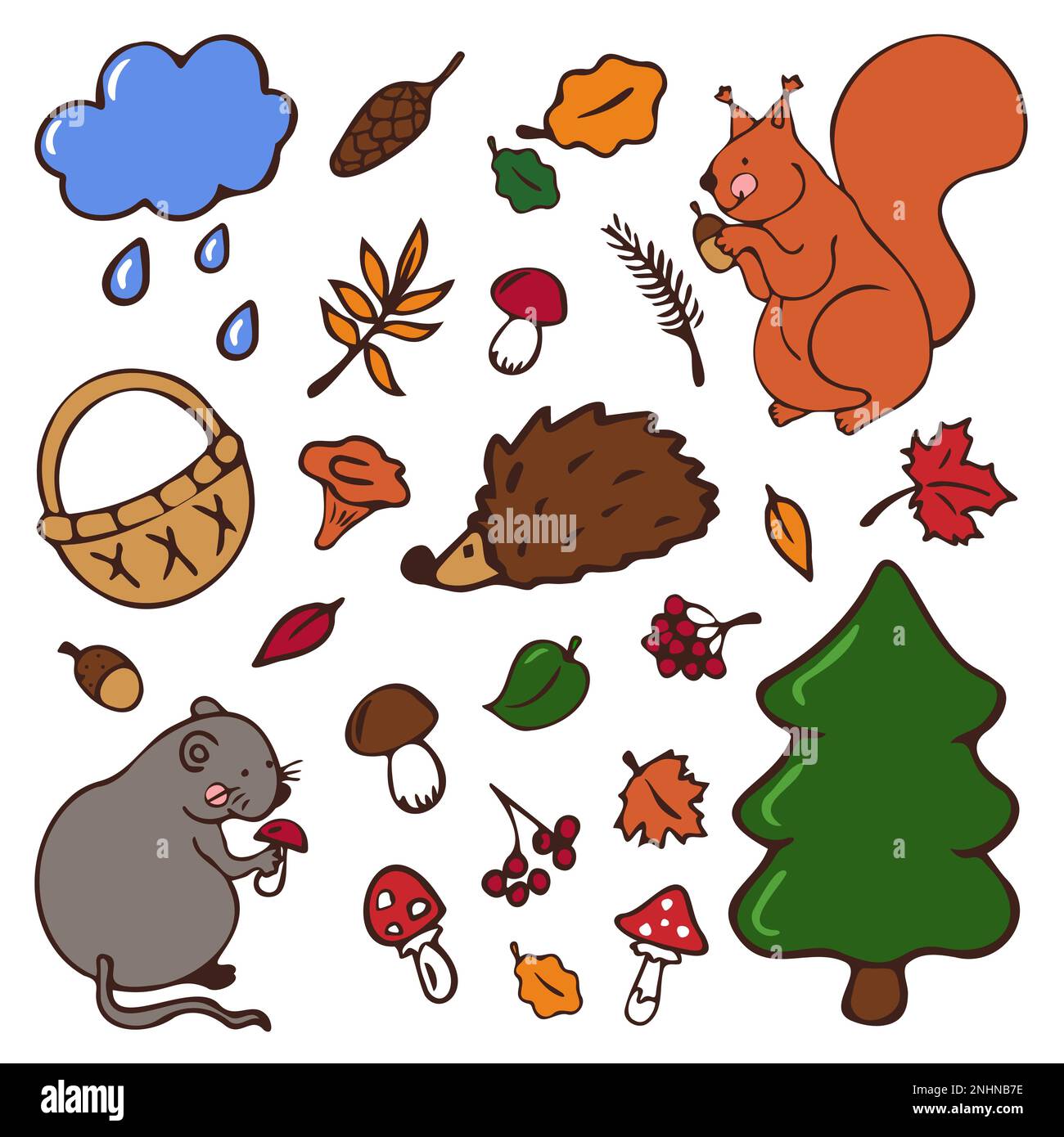 Adorable ensemble de caniches dessinées à la main avec des animaux et des plantes. Illustration de Vecteur