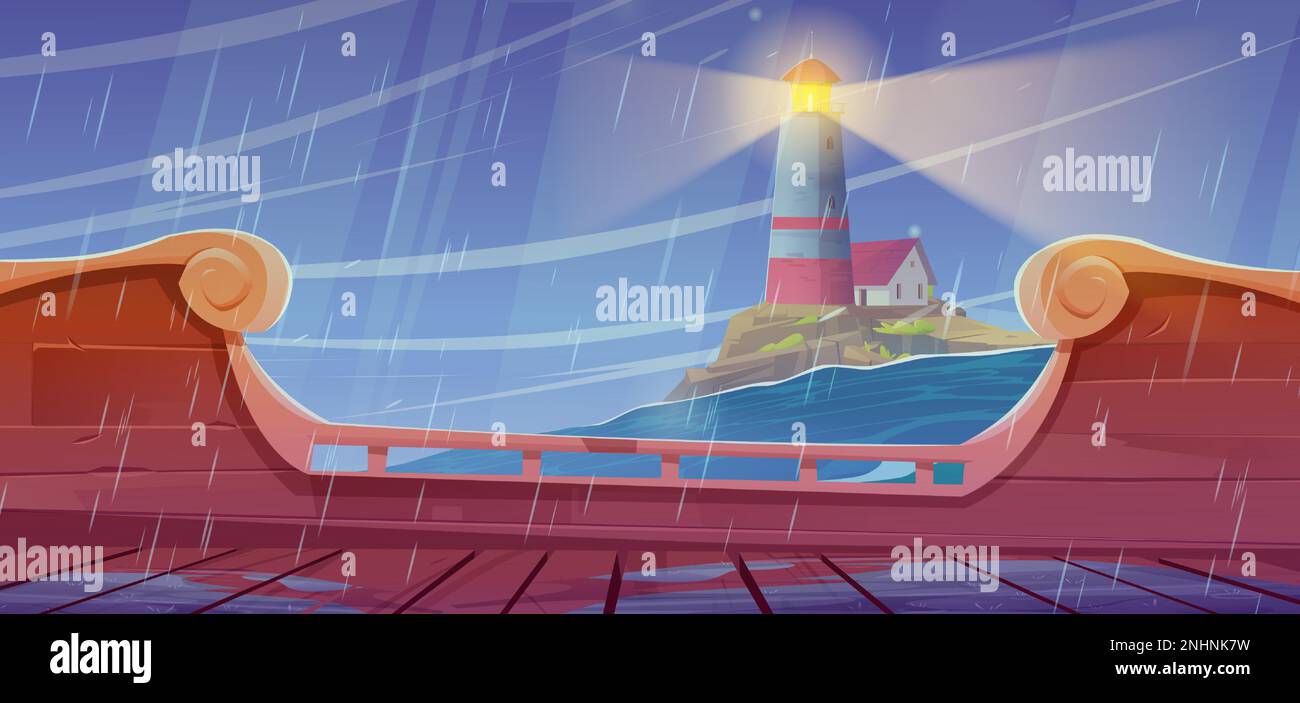 Paysage de mer avec phare sur l'île, vue sur le pont des navires. Dessin animé vecteur Illustration avec maison sur la côte rocheuse dans l'océan, temps orageux, vent et pluie. Bâtiment phare sur le paysage marin du port Illustration de Vecteur