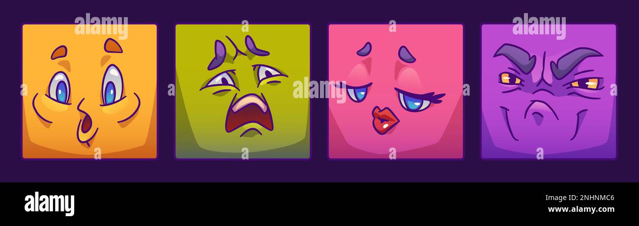 Personnages drôles visages en forme carrée avec la bouche et les yeux. Adorables avatars comiques de personnes avec des émotions différentes, illustration vectorielle de style contemporain isolée sur fond Illustration de Vecteur