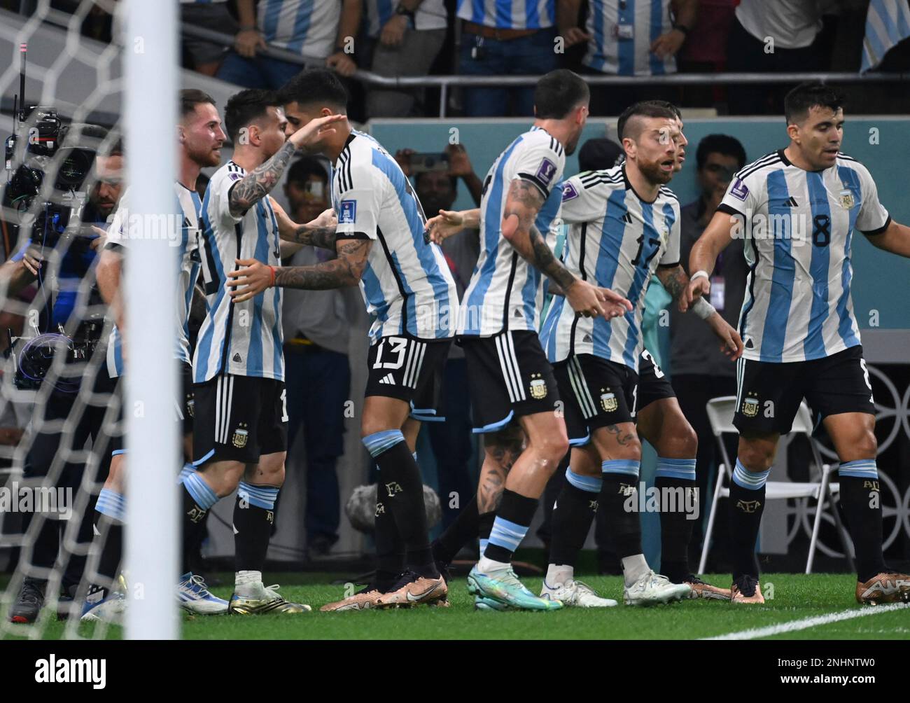 Lionel MESSI (2nd from L) of Argentina reacts after scoring an opener in the first half during the FIFA World Cup Round of 16 match ARGENTINA vs AUSTRALIA at Ahmad Bin Ali Stadium in Ar-Rayyan, Qatar on December 3, 2022.( The Yomiuri Shimbun via AP Images ) Banque D'Images