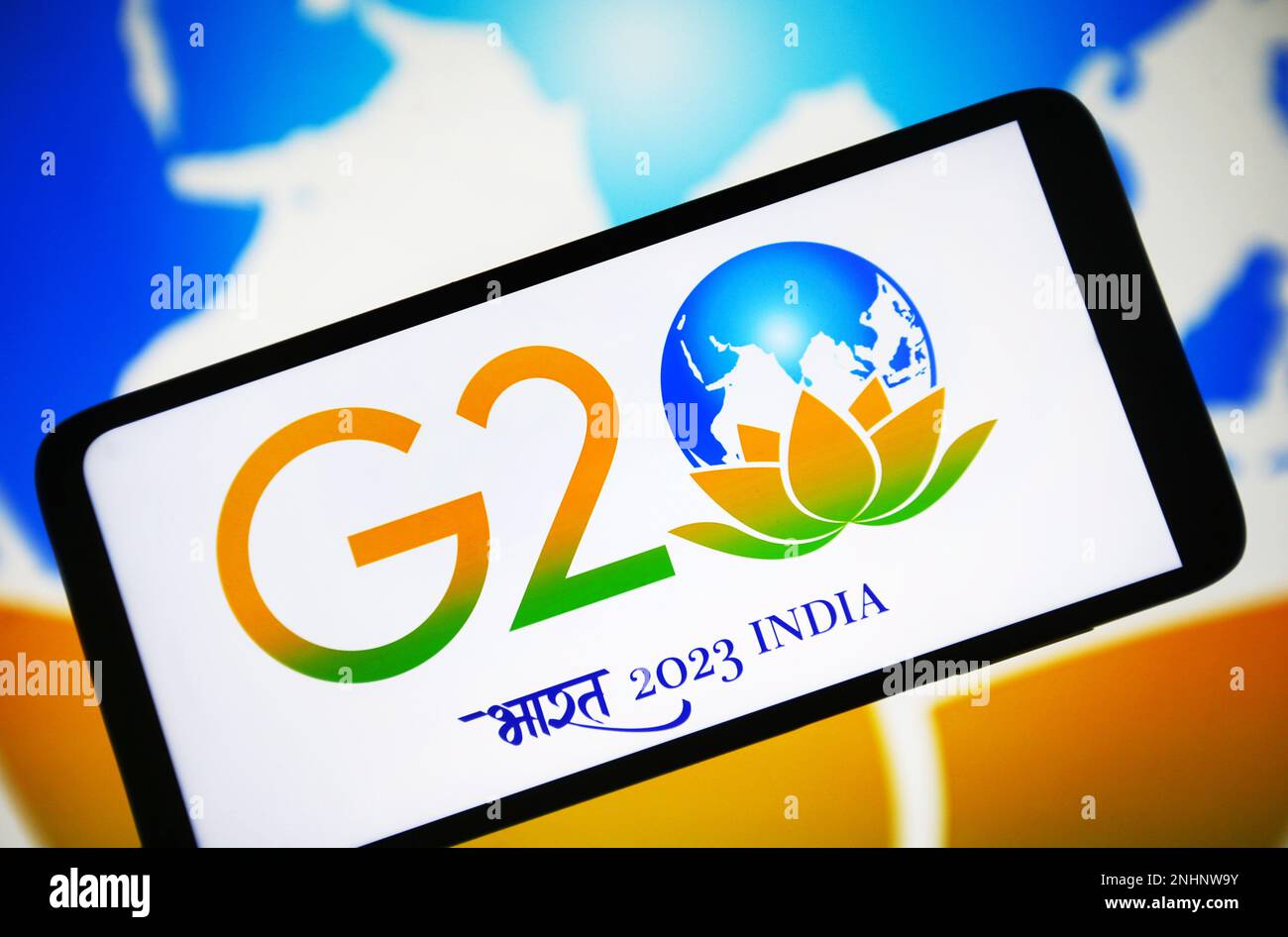 Ukraine. 21st févr. 2023. Dans cette illustration, le logo de la réunion au sommet du Groupe des vingt (G20) de 2023 G20 à Delhi apparaît sur un écran de smartphone. Crédit : SOPA Images Limited/Alamy Live News Banque D'Images