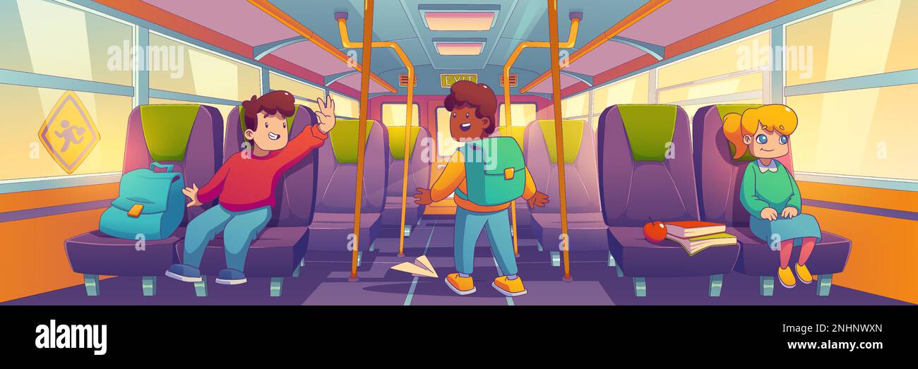 Des enfants heureux voyagent à l'intérieur du bus scolaire jaune. Illustration vectorielle d'enfants de dessins animés contemporains avec sacs à dos, livres, en-cas. Garçon en disant bonjour à un ami, fille regardant la fenêtre, en s'amusant sur le voyage Illustration de Vecteur