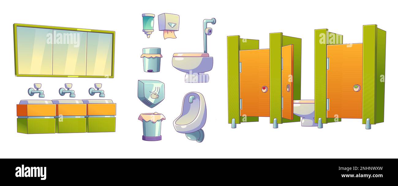 Ensemble de dessins animés de toilettes d'école éléments intérieurs isolés sur fond blanc. Illustration vectorielle contemporaine des armoires de wc, éviers, miroirs, urinoirs, distributeurs de savon et de mouchoirs, poubelle, sèche-mains Illustration de Vecteur