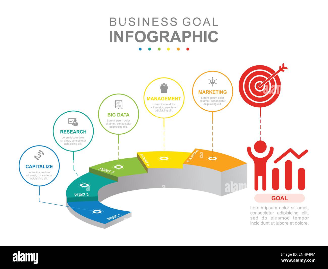 Modèle d'entreprise de l'infographie. Diagramme Target moderne en 6 étapes avec escalier. Présentation du concept. Illustration de Vecteur