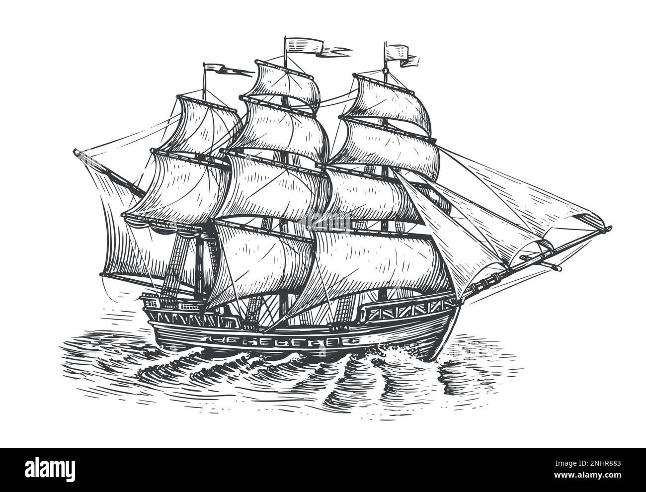 Voilier vintage dessiné dans un style de gravure vintage. Esquisse du navire à voile. Concept marin. Illustration vectorielle Illustration de Vecteur