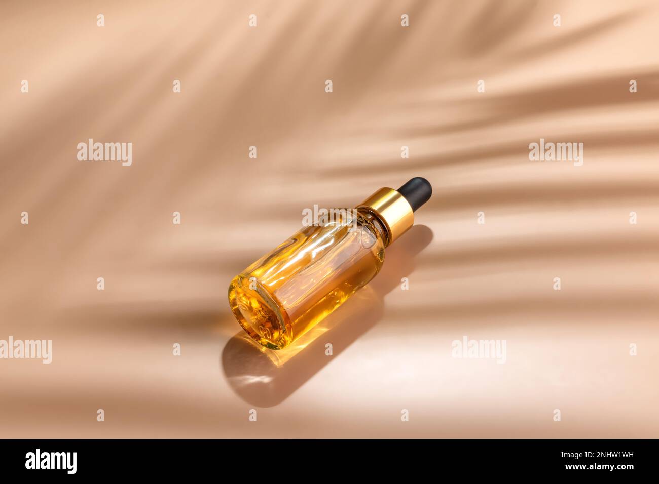 Flacon compte-gouttes en verre Mock-Up. Pipette compte-gouttes avec sérum ou huile essentielle sur fond beige avec ombres caustiques pour la présentation du produit. Soin de la peau c Banque D'Images
