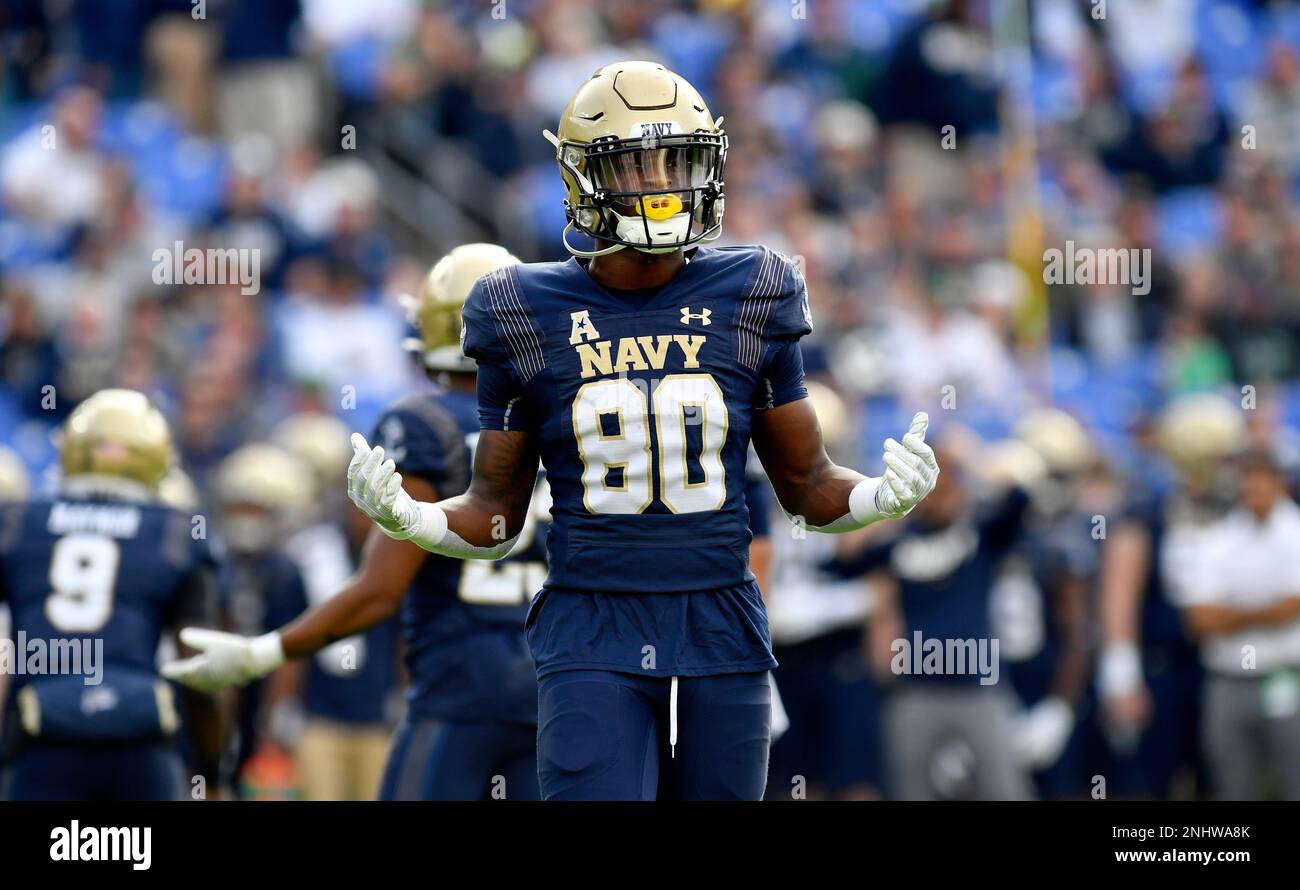 BALTIMORE, MD - NOVEMBER 12: Navy wide receiver Mark Walker (80) reacts during the Notre Dame Fighting Irish versus Navy Midshipmen game on November 12, 2022 at M&T Bank Stadium in Baltimore, MD. (Photo by Randy Litzinger/Icon Sportswire) (Icon Sportswire via AP Images) Banque D'Images