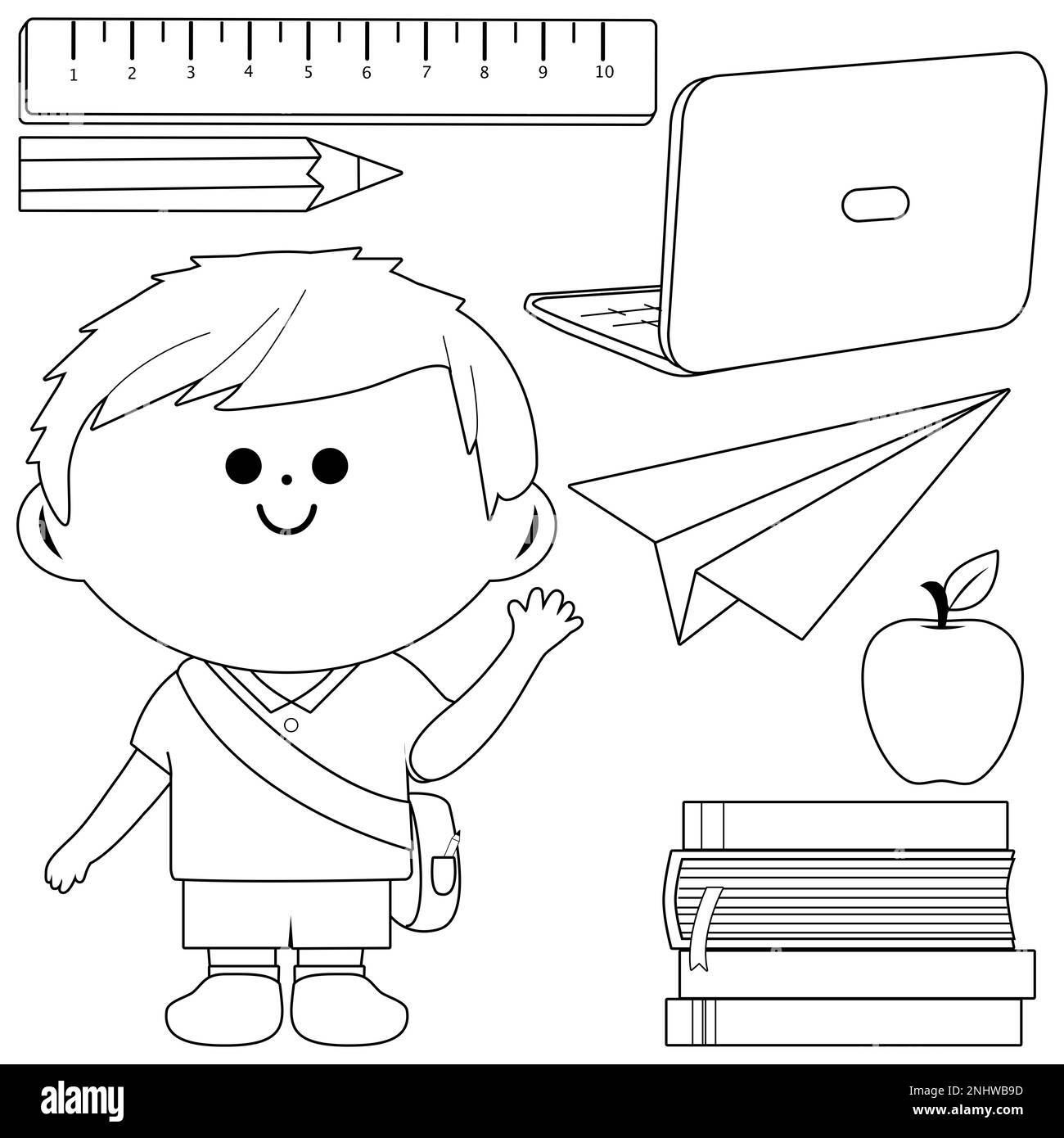 Garçon étudiant et ensemble d'objets d'école. Page de couleur noir et blanc Banque D'Images