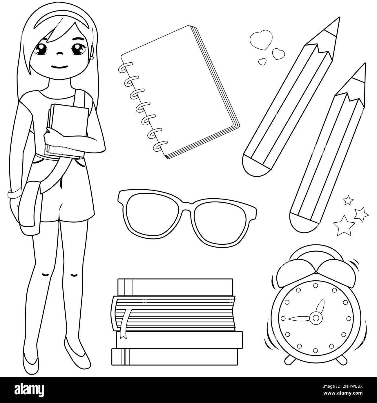 Fille étudiante et ensemble d'objets d'école. Page de couleur noir et blanc Banque D'Images