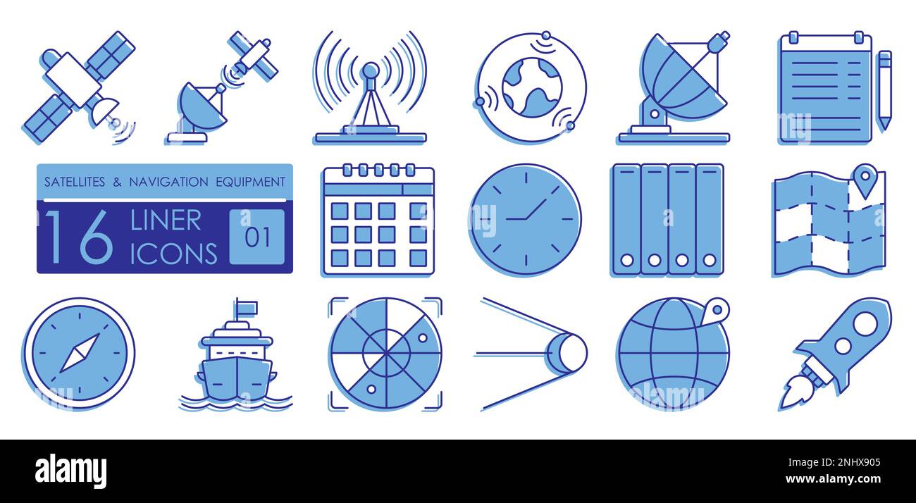 Ensemble d'icônes linéaires colorées. Matériel de navigation, communications par satellite, technologies de positionnement GPS. Satellites, technologies sans fil, nav Illustration de Vecteur